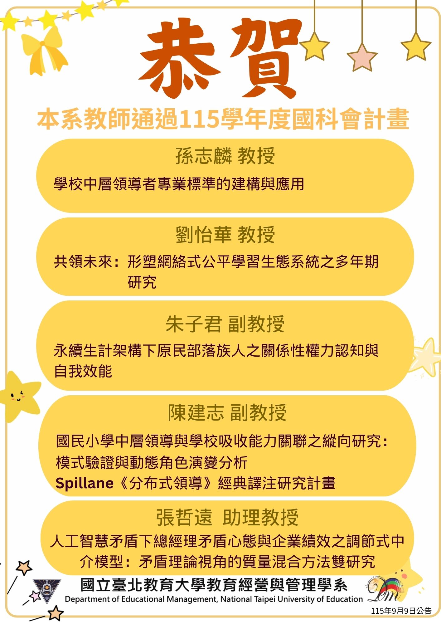 恭賀本系孫志麟老師、劉怡華老師、朱子君老師、陳建志老師及張哲遠老師通過115年度國科會計畫補助